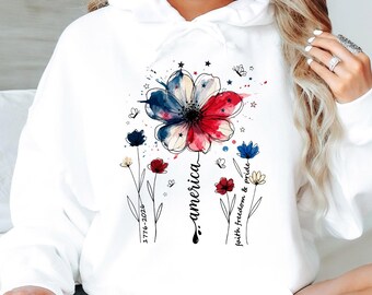 America 250 Floral Hoodie, 1776 2026 Patriotic Wildflower Hoodie, Vintage USA Freedom Hoodie, July 4th Boho Hoodie
