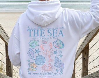 Christian Sea Graphic Hoodie, Ocean Sunset Faith Apparel, Religious Gift