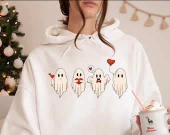 Valentine's Day Ghost Hoodie, Valentine's Day Heart Hoodie, Valentines Day Gift for her, Cute Valentines Day Hoodie, Be Mine Hoodie,Heart