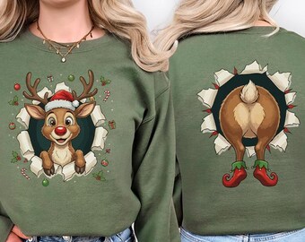 Funny Reindeer Butt Christmas Sweatshirt, Holiday Crewneck, Festive Reindeer Sweater, Funny Xmas Sweater, Christmas Party Top