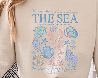 He Made Heaven and Sea Sweatshirt, Retro Christian Faith Sweater, Coastal Bible Inspired Sweater, Ocean Lover Religious Gift Sweater