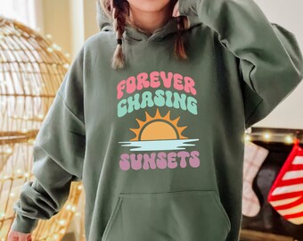 Forever Chasing Sunset Hoodie, Retro Sunset Rays Wavy  Hoodie,Retro Sunshine  Hoodie,Sunset  Hoodie, Retro Summer Time Hoodie,Sunset Lovers