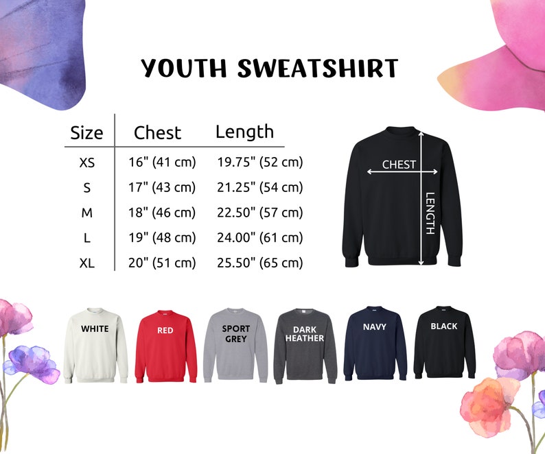 youth sweat shirt size chart
