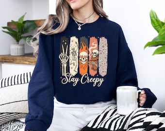 Vintage Ghost Sweatshirt, Stay Creepy Sweater, Retro Skull Halloween Sweater, Cute Skeleton Sweater, Fall Spooky Season Gift