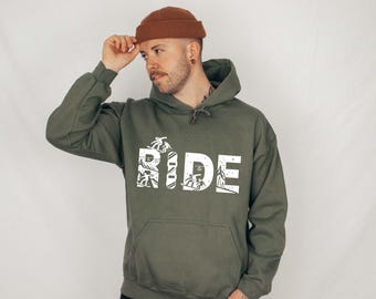 Ride Snowboard Hoodie, Retro Snowboarding Pullover, Winter Sports Hoodie, Ski Lodge Outfit, Snowboarder Gift