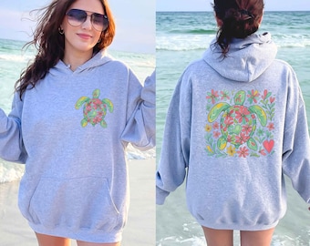 Turtle Floral Hoodie, Nautical Beach Hoodie, Aesthetic Summer Beach Hoodie, Cute Turtle Hoodie, Sea Turtle Hoodie, Respect Local Hoodie