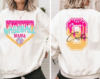 Personalized Baseball Mom Sweatshirt, Baseball Mama Drip Sweatshirt, Baseball Ice Cream Drip Sweatshirt, Custom Mama Baseball Sweatshirt