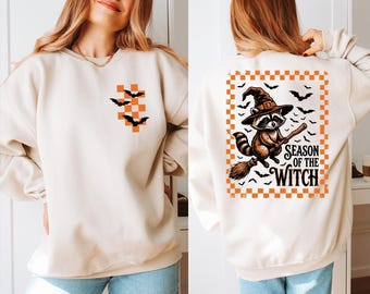 Raccoon Witch Sweatshirt, Retro Halloween Animal Graphic Sweater