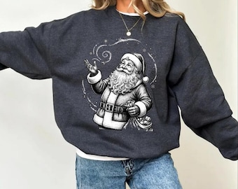 Black and White Santa Sweater, Classic Christmas Graphic Top, Retro Holiday Sweatshirt, Snowflake Sweater