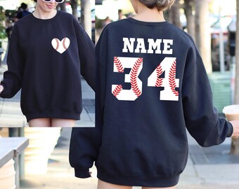 Personalized Baseball Heart Sweatshirt Custom Name Number, Baseball Mom Gift Sweater, Game Day Sweater, Team Spirit Sweater