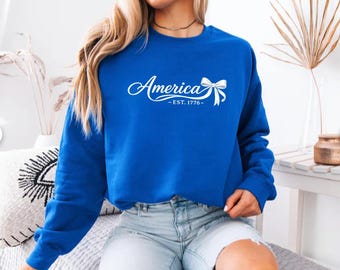 Cute Patriotic Bow Sweatshirt, Vintage Fourth of July Sweatshirt, American Flag Inspired Graphic Summer Top Sweatshirt