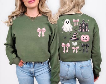 Coquette Halloween Sweatshirt, Retro Pink Ghost Sweater, Cute Pumpkin Bow Sweater, Preppy Spooky Season Sweater, Vintage Haunted House Sweat