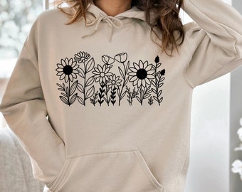 Wild Flowers Hoodie, Boho Flowers Hoodie, Botanical Hoodie, Flower Woman Hoodie, Gift for Flower, Trendy Nature Hoodie, Flower Lovers Hoodie