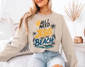 Retro Christian Summer Sweatshirt, Jesus Beach Sunset Graphic Faith Apparel
