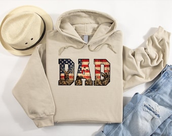 Patriotic Hunting Dad Hoodie, Camo American Flag Graphic, Hunter Father Gift, Outdoorsman Deer Hunting Hoodie