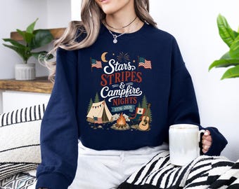 Stars and Stripes Camping Sweatshirt, Patriotic Campfire Sweater, American Summer Sweater, Outdoor Adventure Graphic Sweater