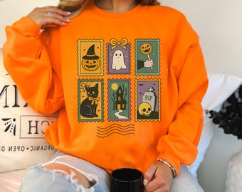 Sudadera de Halloween con fantasma, calabaza y gato, sudadera divertida con fantasmas, sudadera retro de Halloween, sudadera de Halloween para mujer, Halloween espeluznante