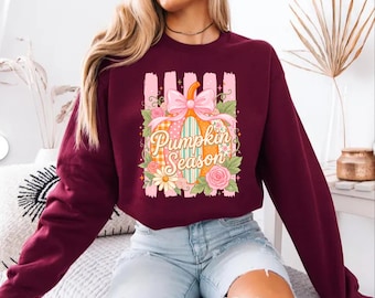 Preppy Fall Pumpkin Sweatshirt, Floral Bow Autumn Sweater, Striped Pumpkin Sweater, Cozy Season Graphic Sweater, Cute Harvest Sweater