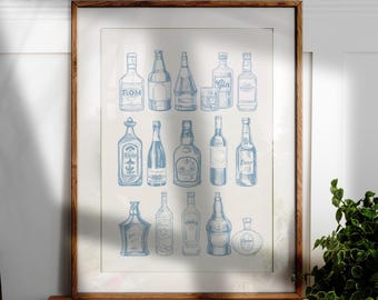 Stampa carrello bar blu: decorazione da parete per cucina, decorazione cocktail (download digitale)