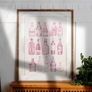 Pink Bar Cart Wall Art, Trendy Bar Cart Decor, Aesthetic Bar Cart Print, Girly Pink Drink Bottle Wall Art, Kitchen Wall Decor, Gift for Her