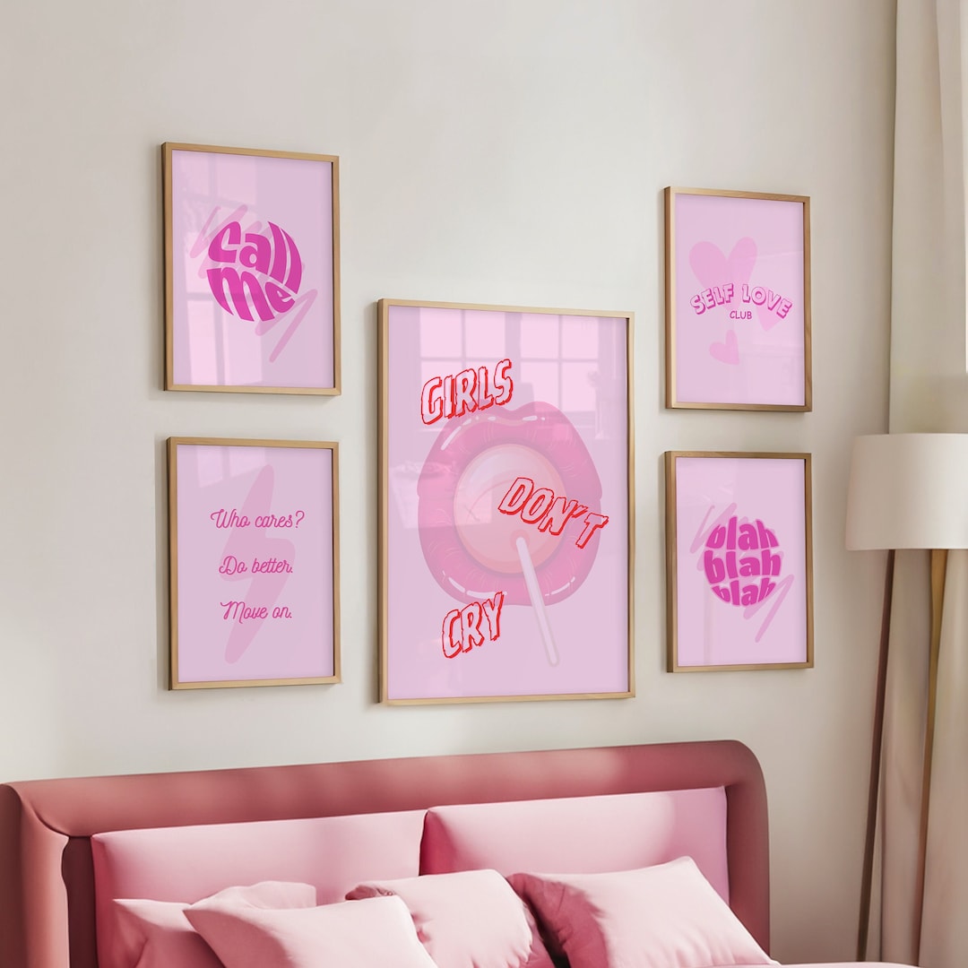 Pink Aesthetic Wall Art Set of 5, Pink Aesthetic Gallery, Digital Pink