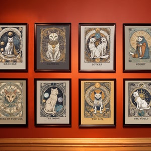 Lot de 8 oeuvres d'art murales de cartes de tarot chat, impression numérique de cartes de tarot, tirages de cartes de tarot spirituel, ensemble d'affiches imprimables de haute qualité, cadeau pour elle