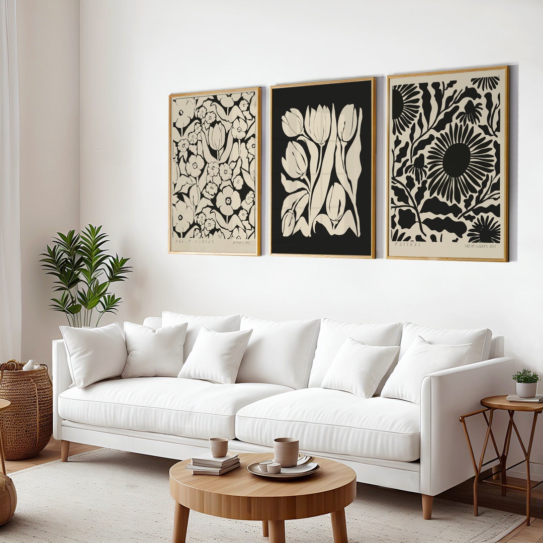 Black Botanical Wall Art Prints: Modern Floral Set of 3 (digital ...