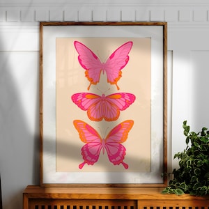 Art mural papillon rose et orange, décoration preppy, jolie décoration d'appartement, art mural maximaliste, impression d'art géniale esthétique décoration de chambre