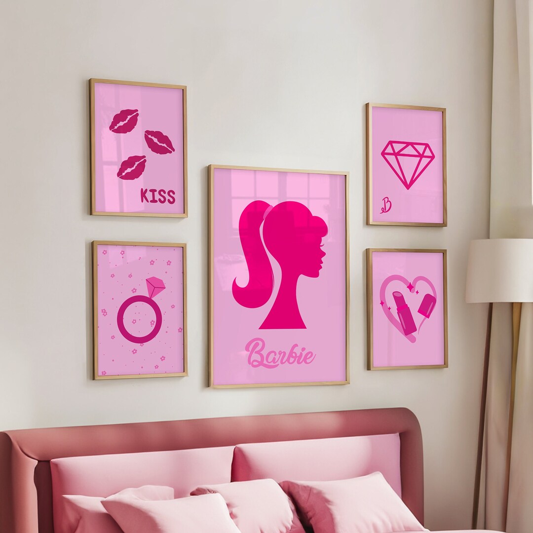 Barbie Wall Art Set of 5, Barbie Wall Decor, Barbie Gallery Printable, Pink Wall Art, Teenage