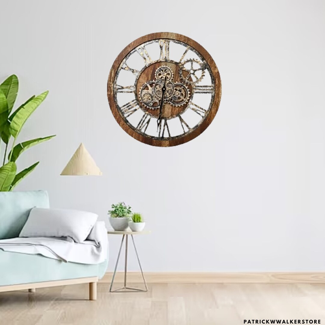 24 Inch Wall Clock With Authentic Functioning Gears Brown From the Past