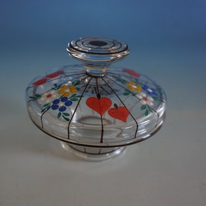 Vintage Art Deco Glass Jar Lidded Bonboniere Decoración Corazón Pintado a mano Powolny Era (E024-005)