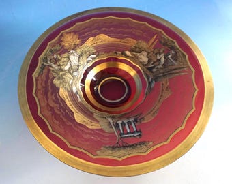 Vintage Design Glas Schale Glasschale Dekoschale Bowl Anton Kusak Rotglas mit Golddekor Romantische Romantik Szene handbemalt (F026-498)