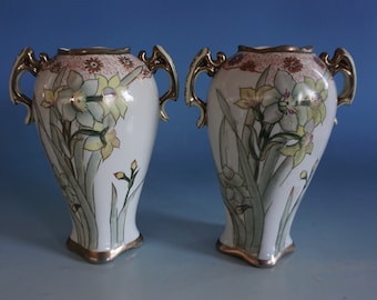 Vintage Pair of Art Nouveau Vases Vase Flower Vase Porcelain Gladiolus Flower Gold Decor Probably France Nancy (E23-074)