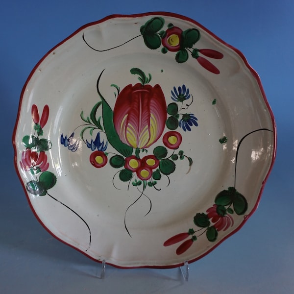 Antik Fayence Keramik Sammelteller Teller bemalt Dekor Tulpe Deutsch wohl Ansbach um 1800  (E23-041)
