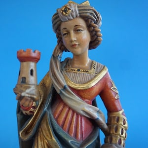 Vintage wooden figure wood figure sculpture woman holy Madonna with tower carved and framed South Tyrol probably Val Gardena (E23-037)