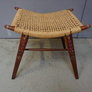 Vintage stool raffia stool raffia wood Scandinavia Denmark Danmark design 60s mid century (F24-2328)
