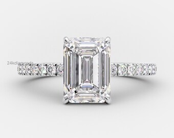 Emerald Cut Diamond Hidden Halo Engagement Ring, Lab Grown Diamond Anniversary Ring, Solitaire With Accents Engagement Ring, Half Eternity