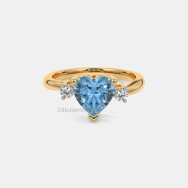 Fancy Vivid Blue Heart Cut Diamond Ring, Three Stone Lab Grown Diamond Engagement Ring, Round Cut Side Diamond Proposal Ring, 14k Solid Gold