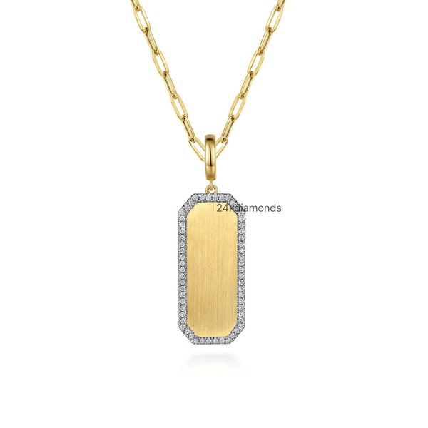 Medallion Rectangle Dog Tag Pendant, Paper clip Chain Necklace, Border Round lab Grown Diamond, Dainty Engraved Personalize Diamond Necklace