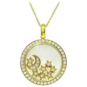 Round Cut Floating Diamond Necklace / Happy Diamonds Pendant Necklace / Movable Diamond Pendant Necklace / Moon And Star Diamond Necklace