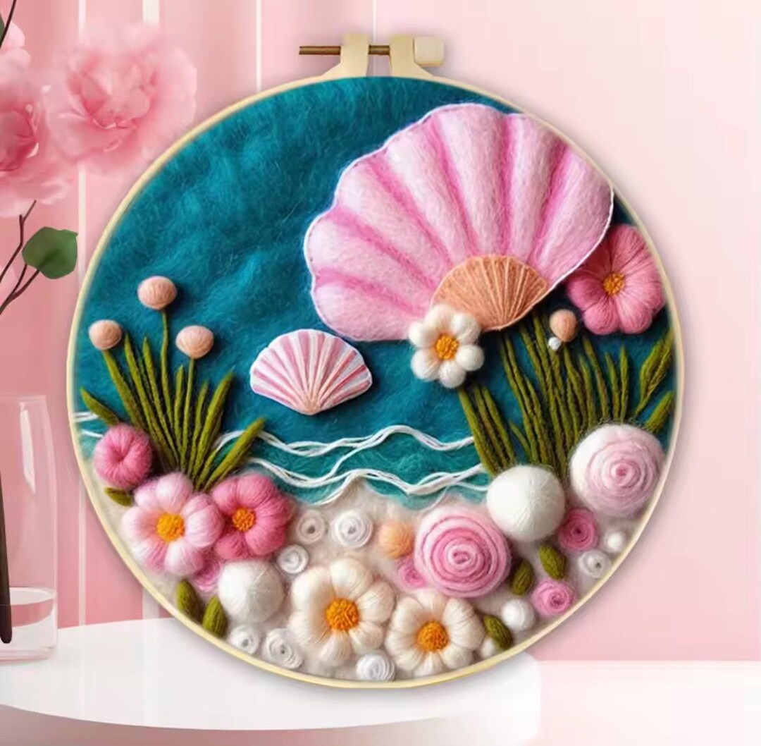 Shells Needle Helting DIY Wool Needle Felting Kit | Pink Shell Wool Felting for Beginner to ...