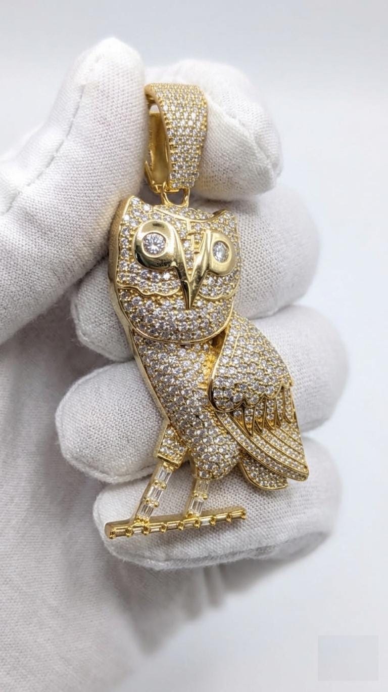 Iced Out Owl Moissanite Pendant, Yellow Gold Finish Bird , Hip Hop Jewelry Men Pendant