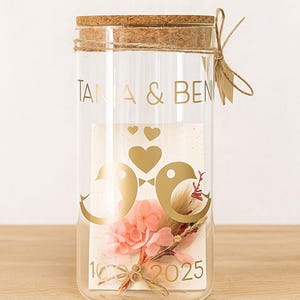 Personalisiertes Geschenk Geschenkglas Glas zum befüllen Verschenken Zur Hochzeit mit Karte und Trockenblumenstrauß für Süßigkeiten 1100 ml