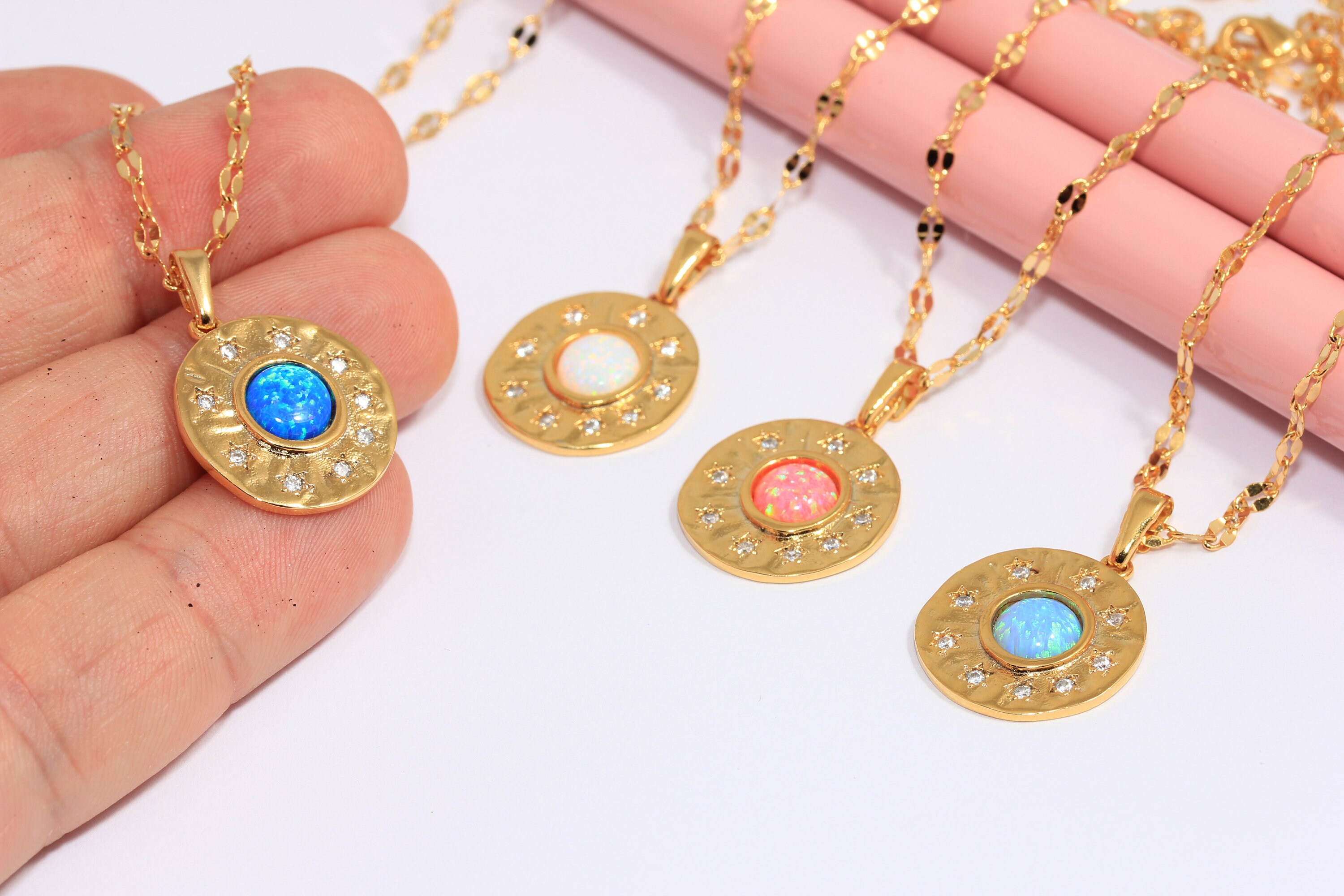24Kゴールドメッキメダリオンネックレス、CZスター、オプション 