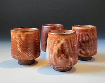 Yunomi Tea Cups with Gold-Rust Shino Glaze - Handmade Studio Pottery/Ceramics