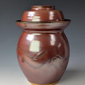 Peut inclure: Un pot en céramique avec un couvercle assorti, présentant une glaçure brillante brun rougeâtre avec de subtils motifs de gouttes blanches. Le récipient possède un bord large et évasé ainsi qu'un corps arrondi se rétrécissant vers une base unie.