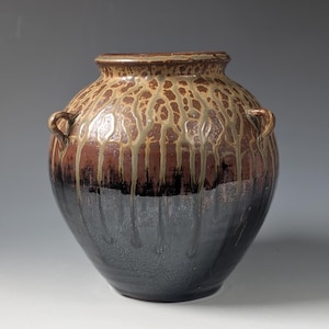 Handmade Ceramic Jar or Vase with Lugs and Flowing Wood Ash Glaze - Studio Pottery