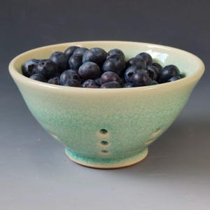 Handmade Berry Bowl/Small Colander with Green Crackle Glaze - Studio Pottery/Ceramics
