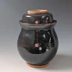 Op de afbeelding: Een kleine, ronde keramische pot met een glanzend, donkerzwart glazuur en een bijpassend deksel. De basis en de bovenrand van het deksel tonen de natuurlijke, ongeglazuurde roodbruine kleitextuur. De pot heeft een brede, gebogen vorm.