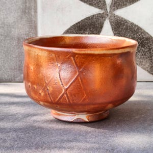 Bowl/Tea Bowl with Golden Shino Glaze and Stamped Pattern - Handmade Studio Pottery/Ceramics